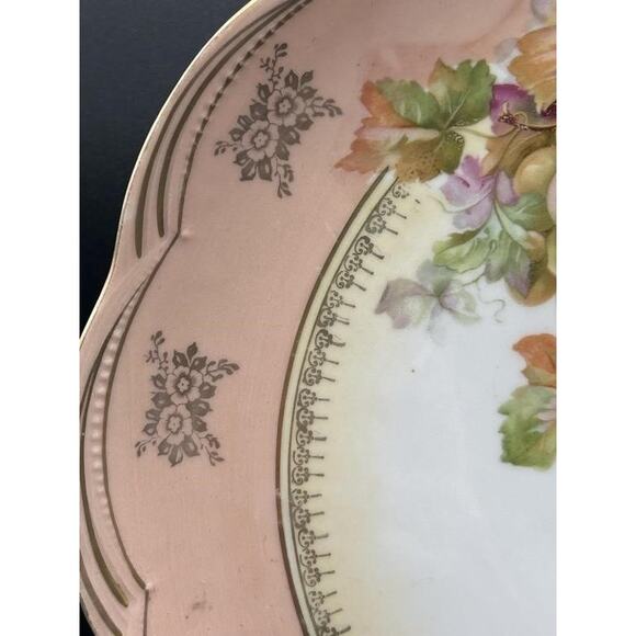 Antique German Porcelain Bowl Grapes Gold Trim Pink Rim Scalloped 12" - Picture 7 of 11